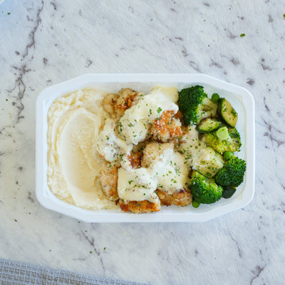 Parmesan Crumbed Chicken with Potato Mash & Roasted Veggies