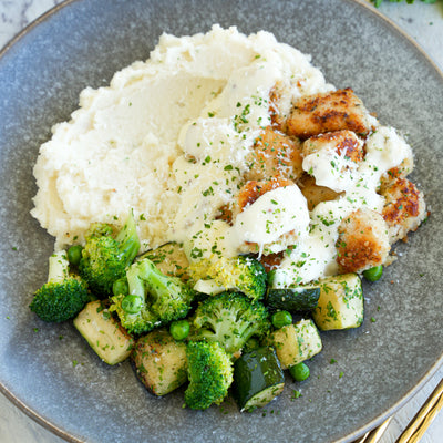 Parmesan Crumbed Chicken with Potato Mash & Roasted Veggies