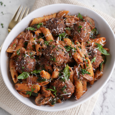 Beef Meatball and Mushroom Pasta Bake
