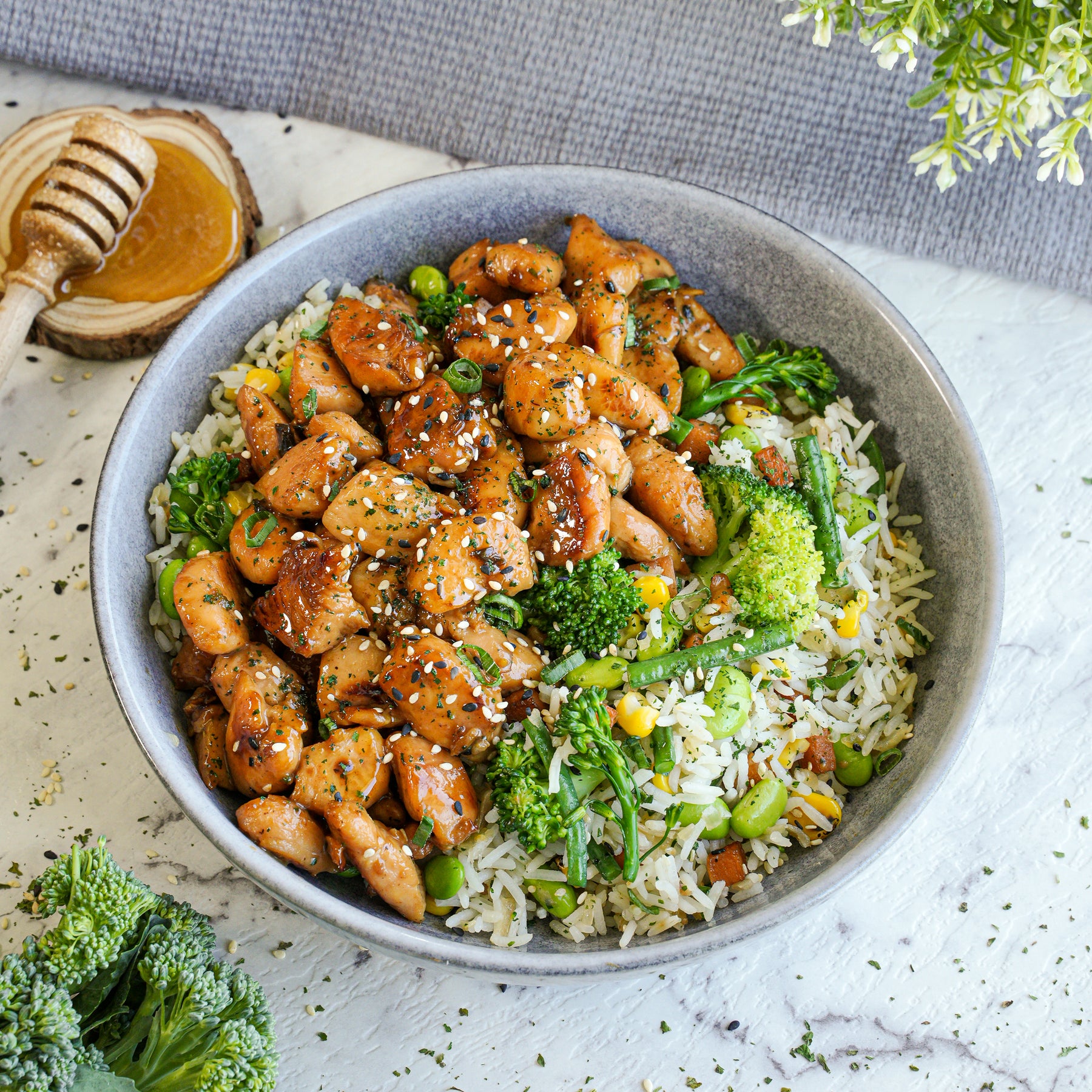 Chicken Rice Bro Honey Sesame Chicken with Asian Greens and Fried Rice – Nutritious Bros