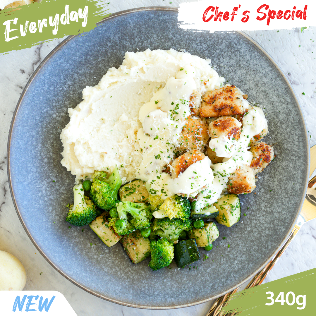 Parmesan Crumbed Chicken with Potato Mash & Roasted Veggies