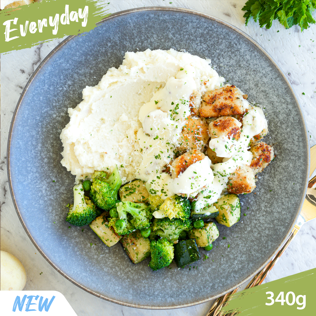 Parmesan Crumbed Chicken with Potato Mash & Roasted Veggies